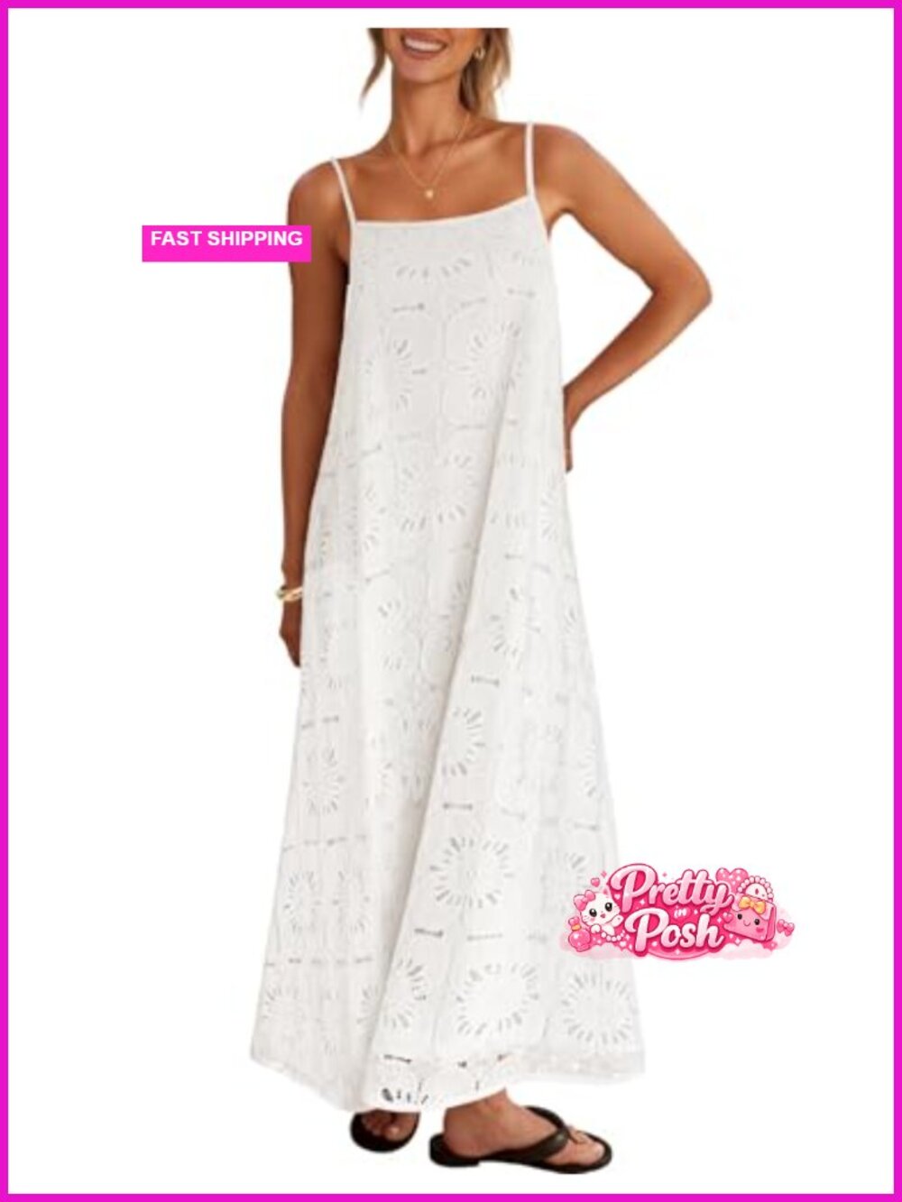 Sleeveless Floral Lace Eyelet Boho Beach Maxi Dress with Pockets - Picture 1 of 6